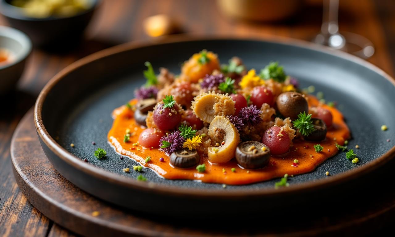 Piatto gourmet con funghi e frutti di bosco autunnali