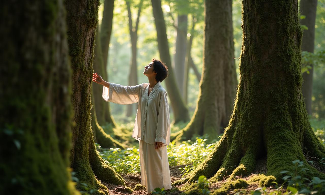 Persona che pratica il bagno di foresta tra alberi secolari