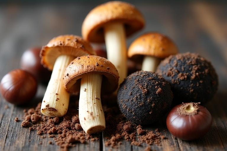Funghi porcini freschi e tartufi neri su un tavolo di legno rustico